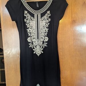 INC International Concepts Black Blouse with White Embroidery